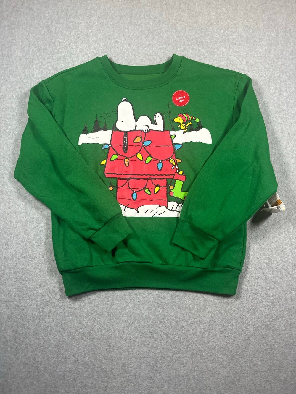 Peanuts Pullover Sweatshirt Women's Size Medium Green Snoopy Light Up Christmas